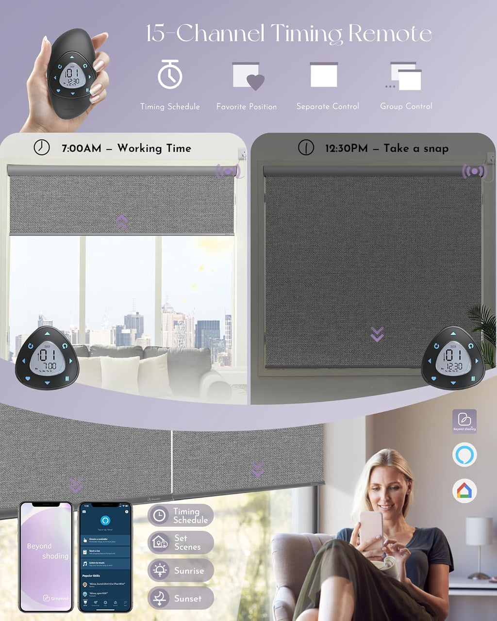 Graywind Motorized Roller Shade 100% Blackout Compatible with Alexa Google Textured Fabric Remote Control Hardwired Window Shades Window Blinds, Customized Size (Weaving Cloud)