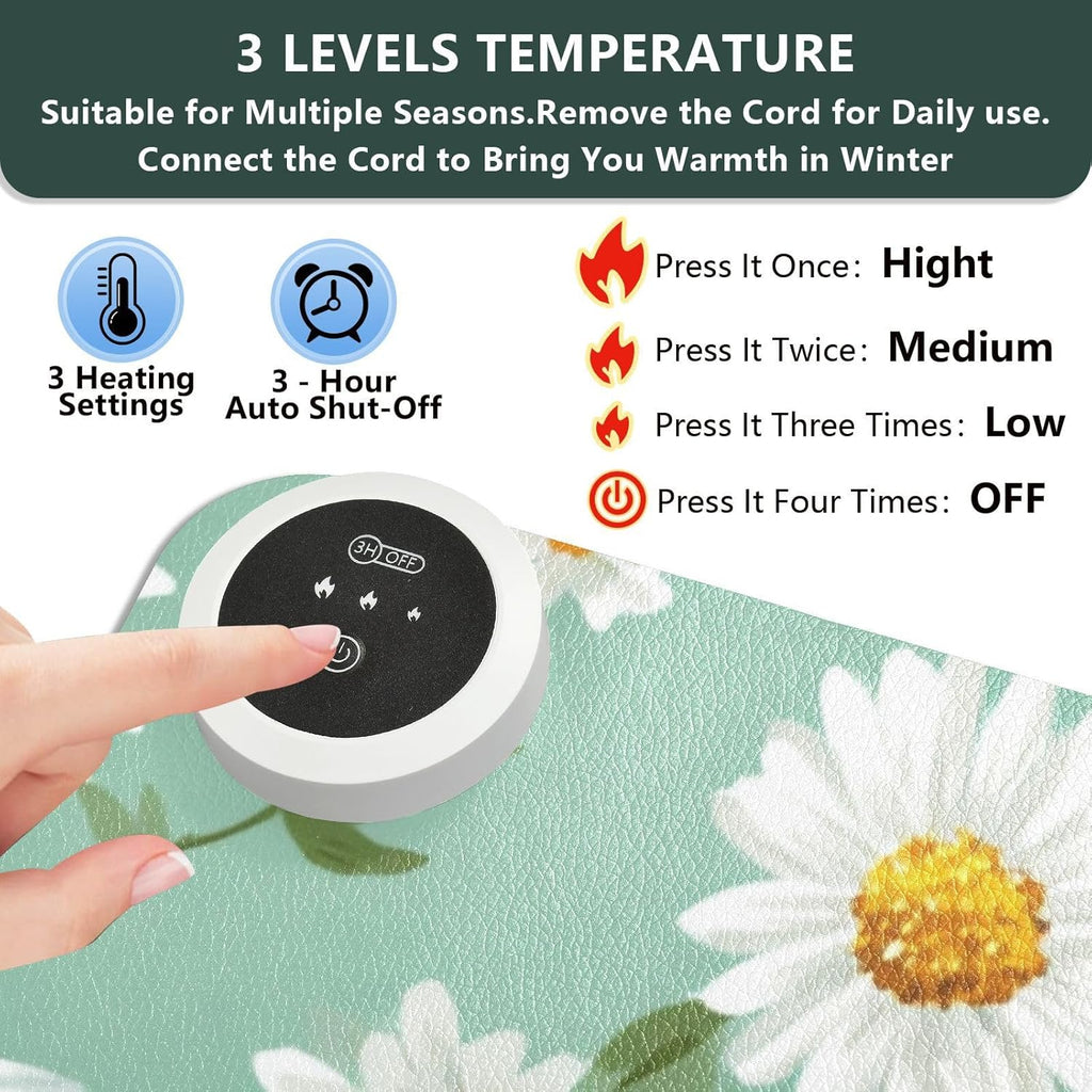 Heated Desk Pad Mouse Pad 31.5x13 Inch PU Leather Desk Mat with 3 Heat Levels Large Mouse Gaming Computer Laptop Mat Mint Green Daisy Flowers and Bees