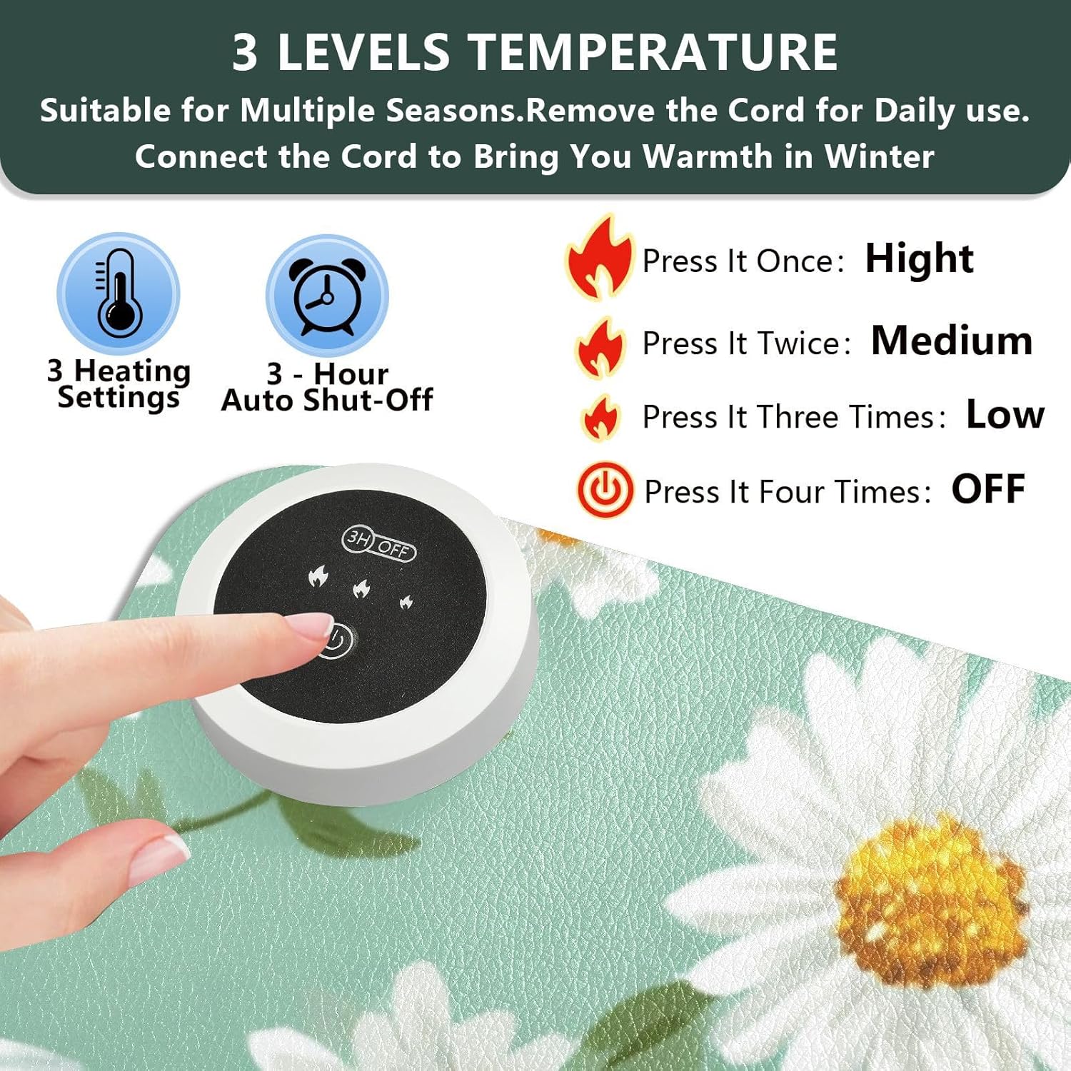 Heated Desk Pad Mouse Pad 31.5x13 Inch PU Leather Desk Mat with 3 Heat Levels Large Mouse Gaming Computer Laptop Mat Mint Green Daisy Flowers and Bees
