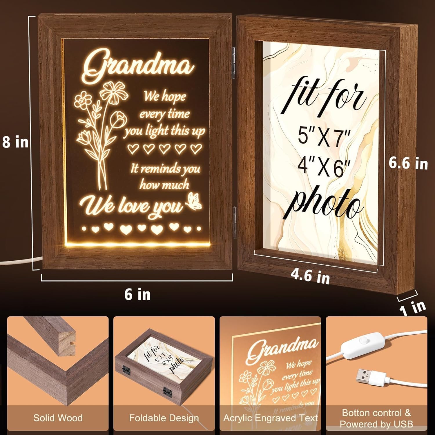Grandma Gifts Christmas Gifts for Grandma from Granddaughter Grandson Grandkids, LED Night Light with Grandmother Picture Frame 5x7, Personalized Gift for Nana Grandmother Gigi Granny Birthday Gift