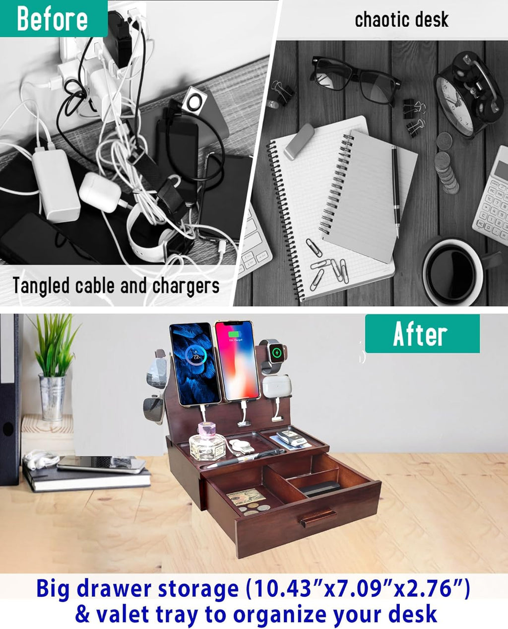 Wood Phone Docking Station with Drawer Nightstand Organizer Charging Station with 4 USB Charger Fast Charging for Dual Phone Apple Android Phones Anniversary Birthday Gifts for Men Dad Hunsband Mom