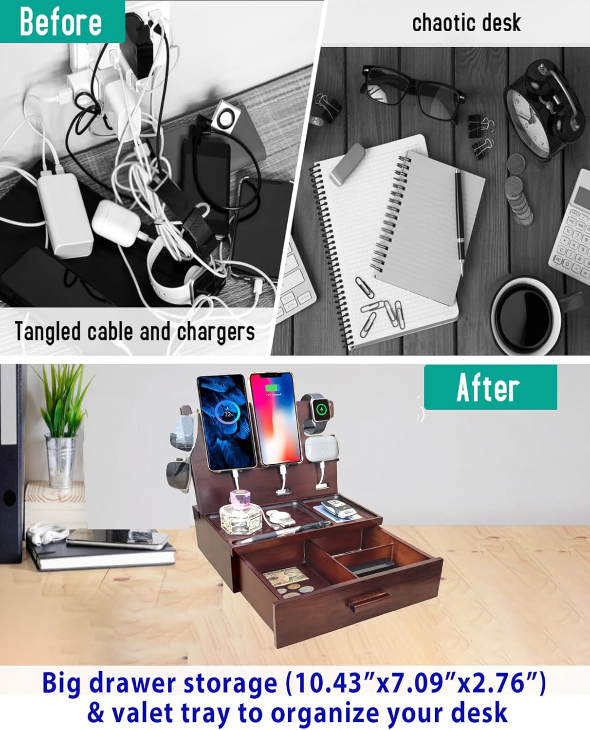 Wood Phone Docking Station with Drawer Nightstand Organizer Charging Station with 4 USB Charger Fast Charging for Dual Phone Apple Android Phones Anniversary Birthday Gifts for Men Dad Hunsband Mom