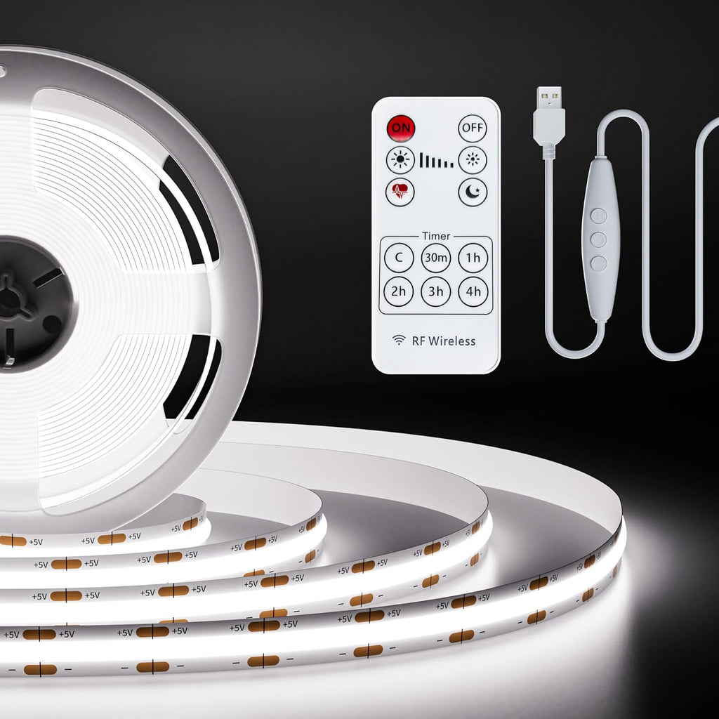 PAUTIX 5V USB COB LED Strip Light 6.56ft/2m 1200lm, Dimmable 640LEDs 6000K Daylight White CRI90+ with RF Remote TV Backlight,Flexible Under Cabinet Tape Light for Bedroom,Kitchen,Home DIY Lighting