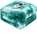 Electric Heated Throw Blanket 50"x60",Luxury Green Faux Rabbit Fur Electric Throw Blanket,Fast Heating Soft Fluffy Thick Electric Blanket with 6 Heating Levels & 12H Auto Off