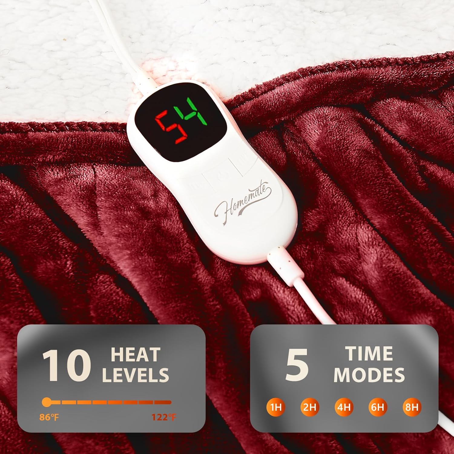Homemate Electric Heated Blanket Full - 72"x84" Heating Bed Blankets Throw with 10 Heating Levels 8 Hours Auto Off Fast Heating Over-Heated Protection Ultra Soft Warm Flannel ETL Certified Red