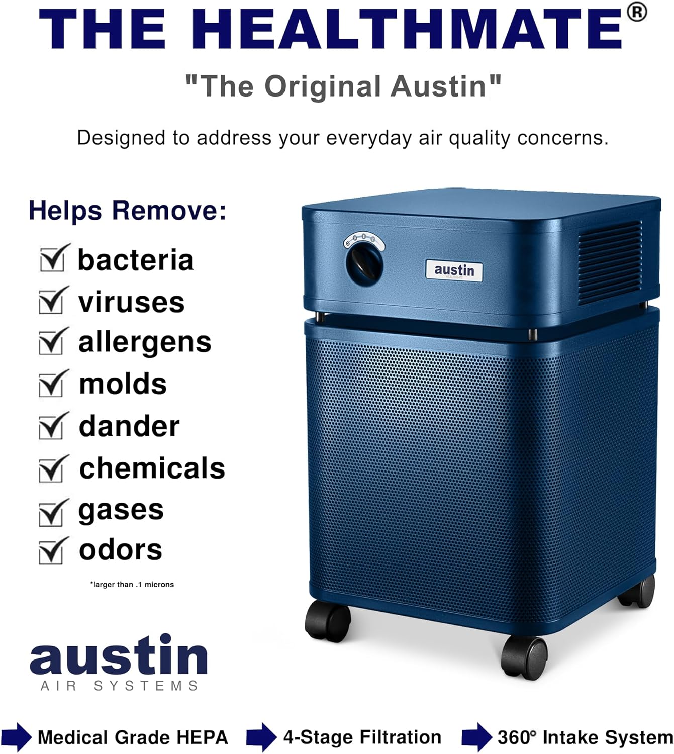 Austin Air HealthMate Standard Air Purifier Midnight Blue - Advanced 4- Stage Filtration Air Purifiers For Home with Activated Carbon & Zeolite - Ideal as Air Purifiers for Bedroom, Model B400