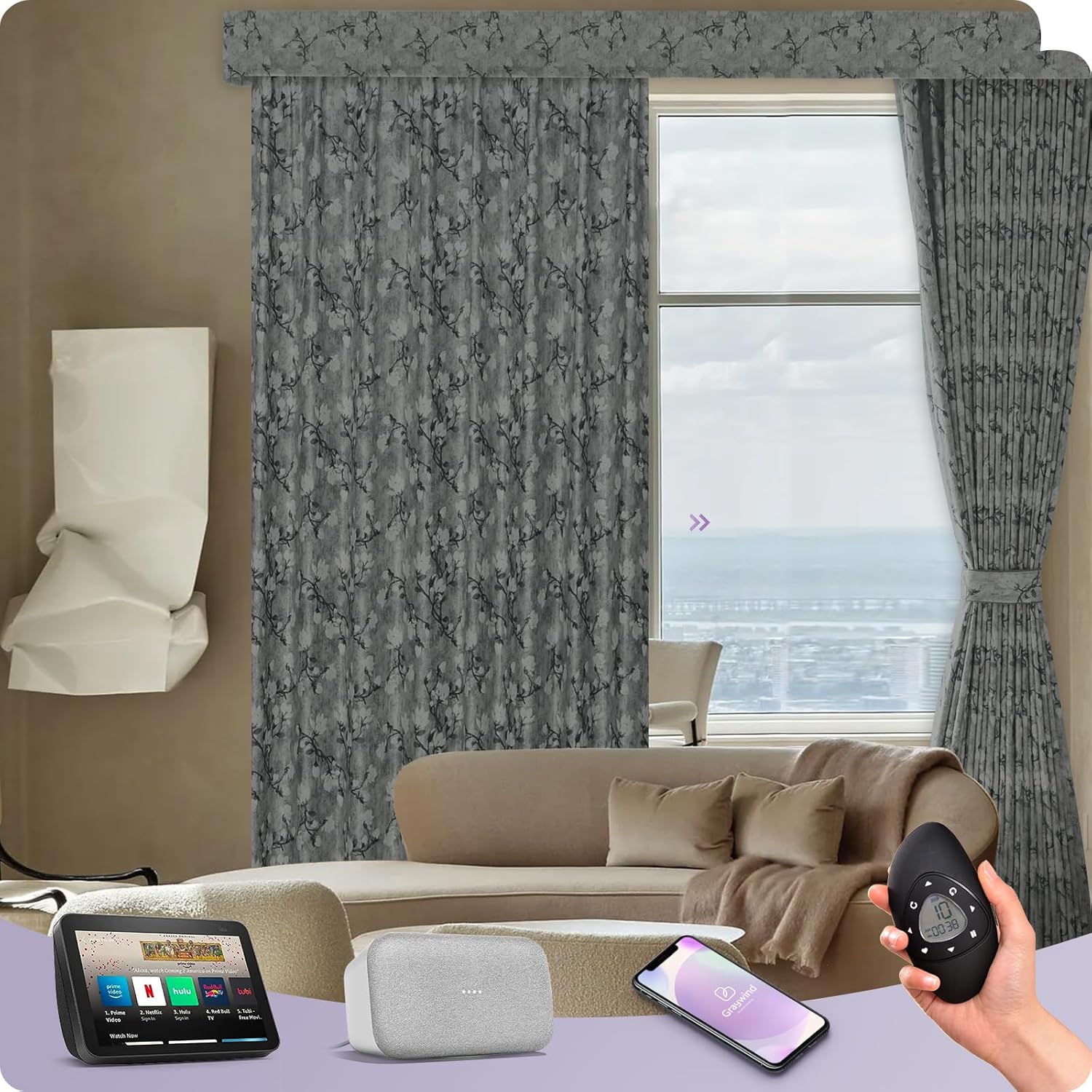 Graywind Hardwired Smart Curtains Compatible with Alexa Google Remote Control Motorized Drape for Sliding Door One-Way or Split Draw, Custom Width to 220" (Kapok Series)