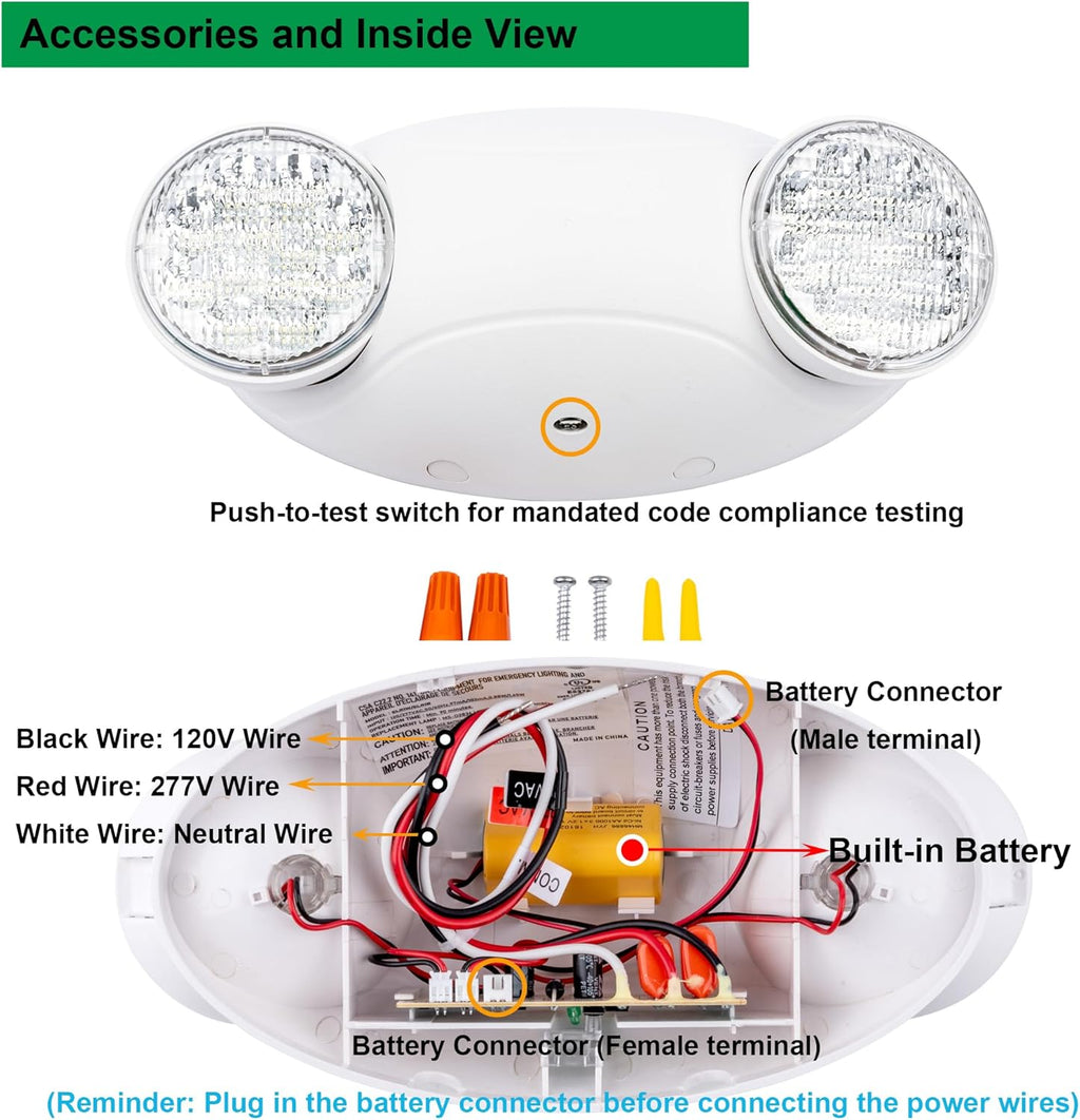 LIT-PaTH LED Emergency Lighting Fixtures with 2 LED Bug Eye Heads and Back Up Batteries- US Standard Exit Light, UL 924 and CEC Qualified, 120/277 Voltage, White, 2-Pack