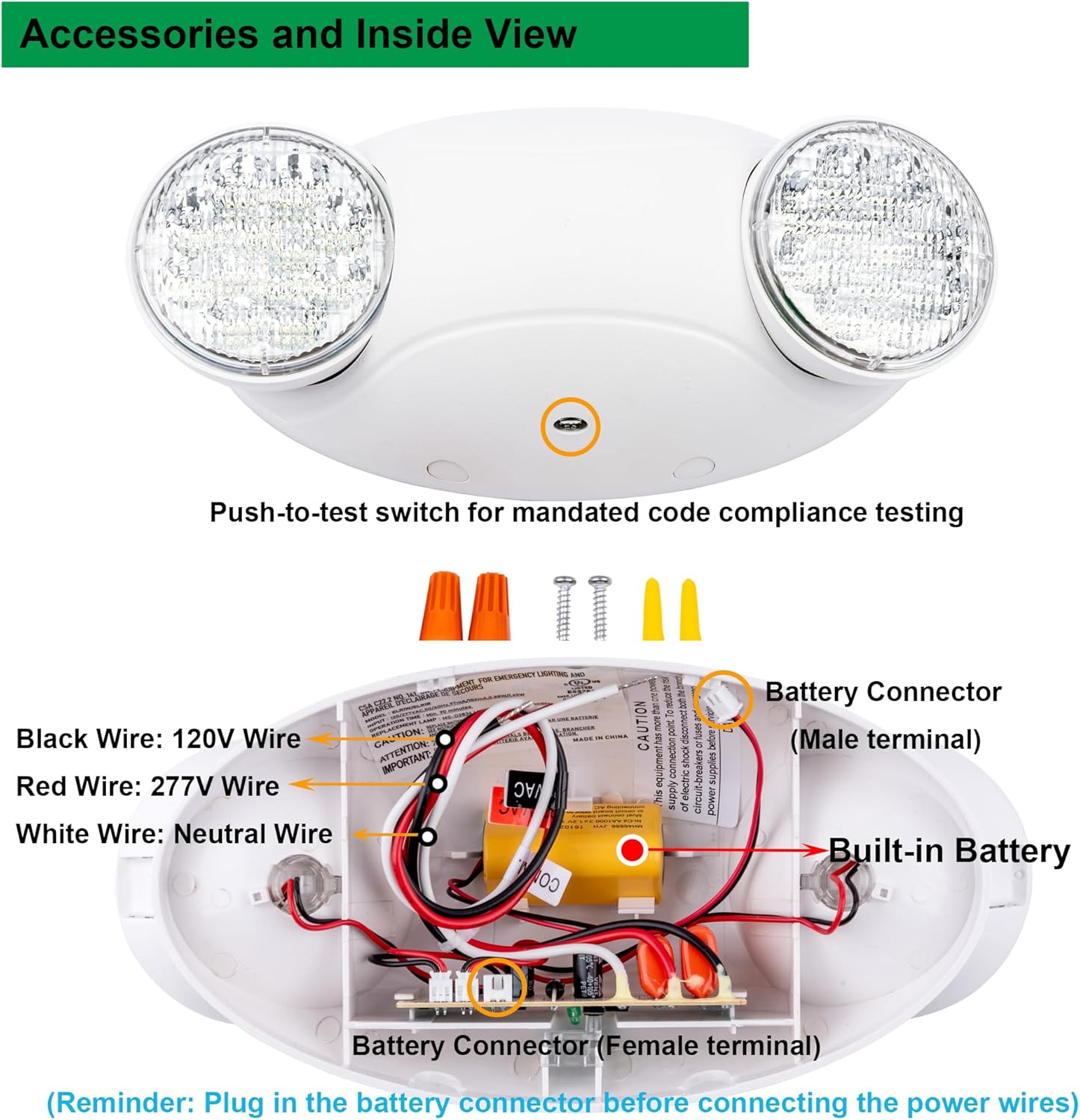 LIT-PaTH LED Emergency Lighting Fixtures with 2 LED Bug Eye Heads and Back Up Batteries- US Standard Exit Light, UL 924 and CEC Qualified, 120/277 Voltage, White, 2-Pack