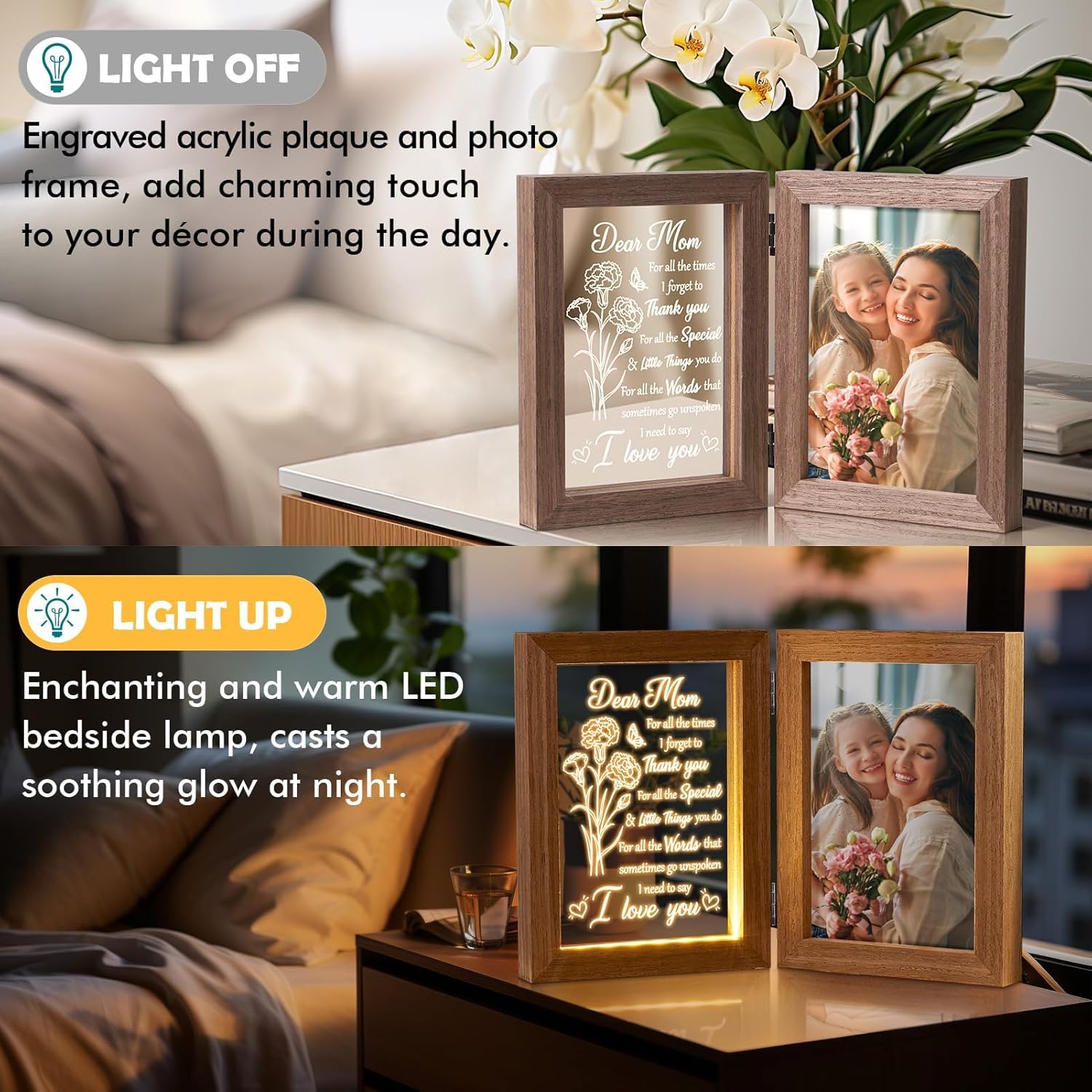 Mom Gifts from Daughters Son Unique Christmas Gifts for Mom, Engraved Night Light with Mommy Picture Frame 5x7 Solid Wood, Mother-in-Law Gift from Daughter-in-Law, Birthday New Mama Gift for Women