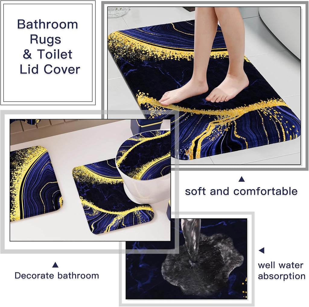 25PCS Bathroom Accessory Set, Navy Blue Bathroom Set with Large-Capacity 4 Gallon Trash Can,Bathroom Rugs Set, Waterproof Shower Curtain, Toilet Brush, Toothbrush Holder & Soap Dispenser