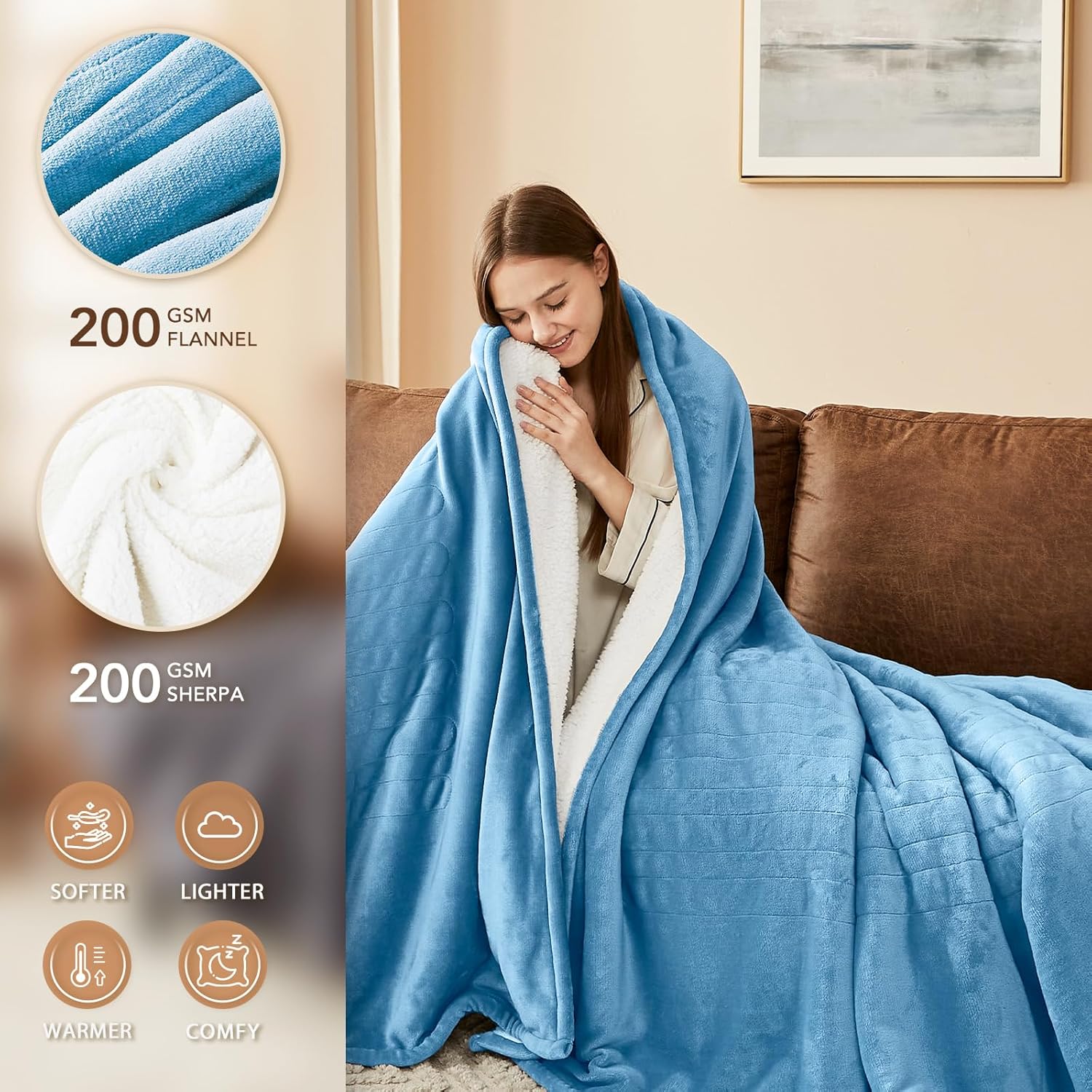 Homemate Electric Heated Blanket Full Size - 72"x84" Heating Blanket Full Size 1/2/4/6/8 Hours Auto-Off 10 Heat Level Over-Heat Protection Flannel Sherpa ETL Certification