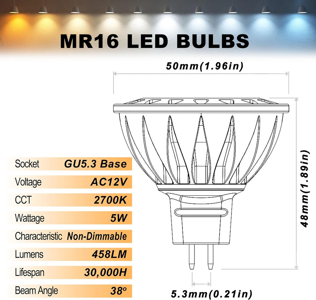 ALIDE MR16 GU5.3 LED Bulbs 50W Halogen Equivalent, 2700K Warm White,MR16 5W 12V Low Voltage Bulbs Spotlights for Outdoor Landscape Flood Track Lighting,Not Dimmable,458lm, 38Deg,3Pack