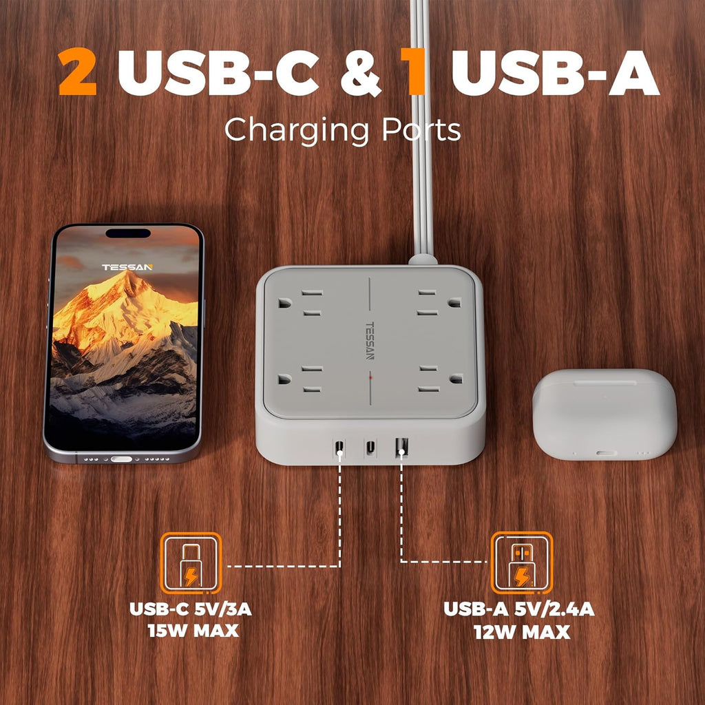 TESSAN Surge Protector Power Strip with 3 USB (2 USB C) 4 Outlets, Flat Plug Extension Cord 5 Ft, 900J Surge Protection, Multiple Charging Station with Power Switch for Home, Office, Dorm Room, Gray
