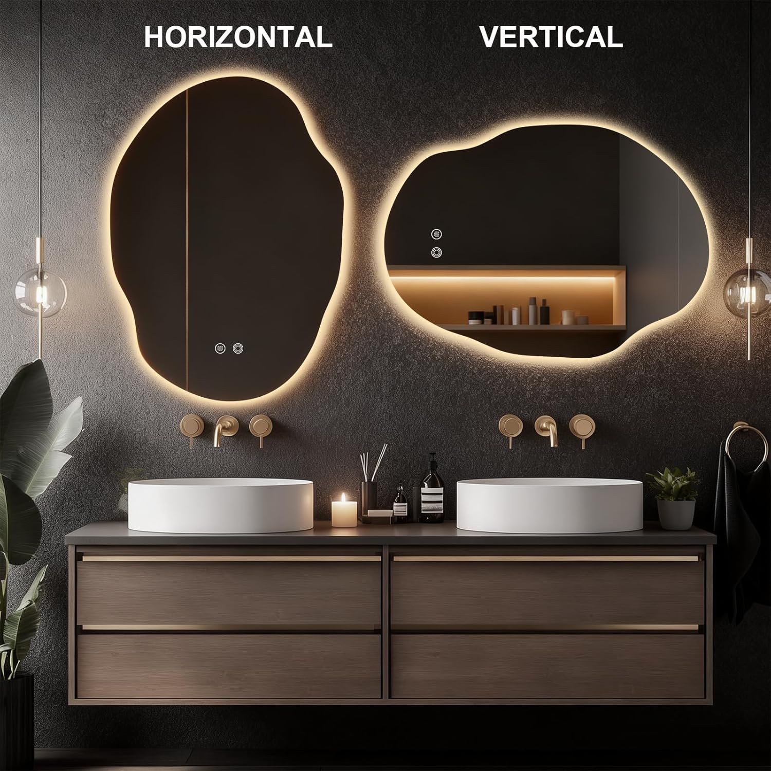 Asymmetrical Bathroom Mirror with Lights,Irregular LED Bathroom Vanity Mirror with Backlit,Anti-Fog,3 Colors and Dimmable Light with Memory,Hardwired Supported[Horizontal/Vertical] 35" H x 25" W