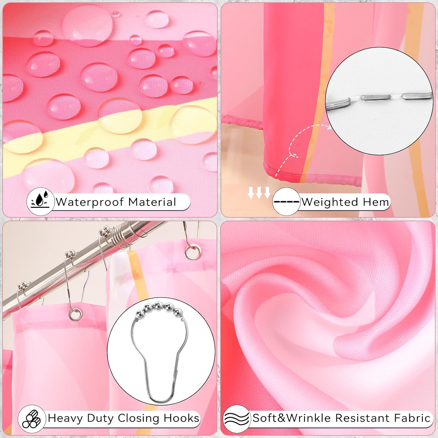 Pink Bathroom Set, Bathroom Sets with Stripe Shower Curtain, Pink and Gold Bathroom Accessories with Trash Can, Soap Dispenser, Soap Dish, Toilet Brush Holder, Qtip Holders for Bathroom