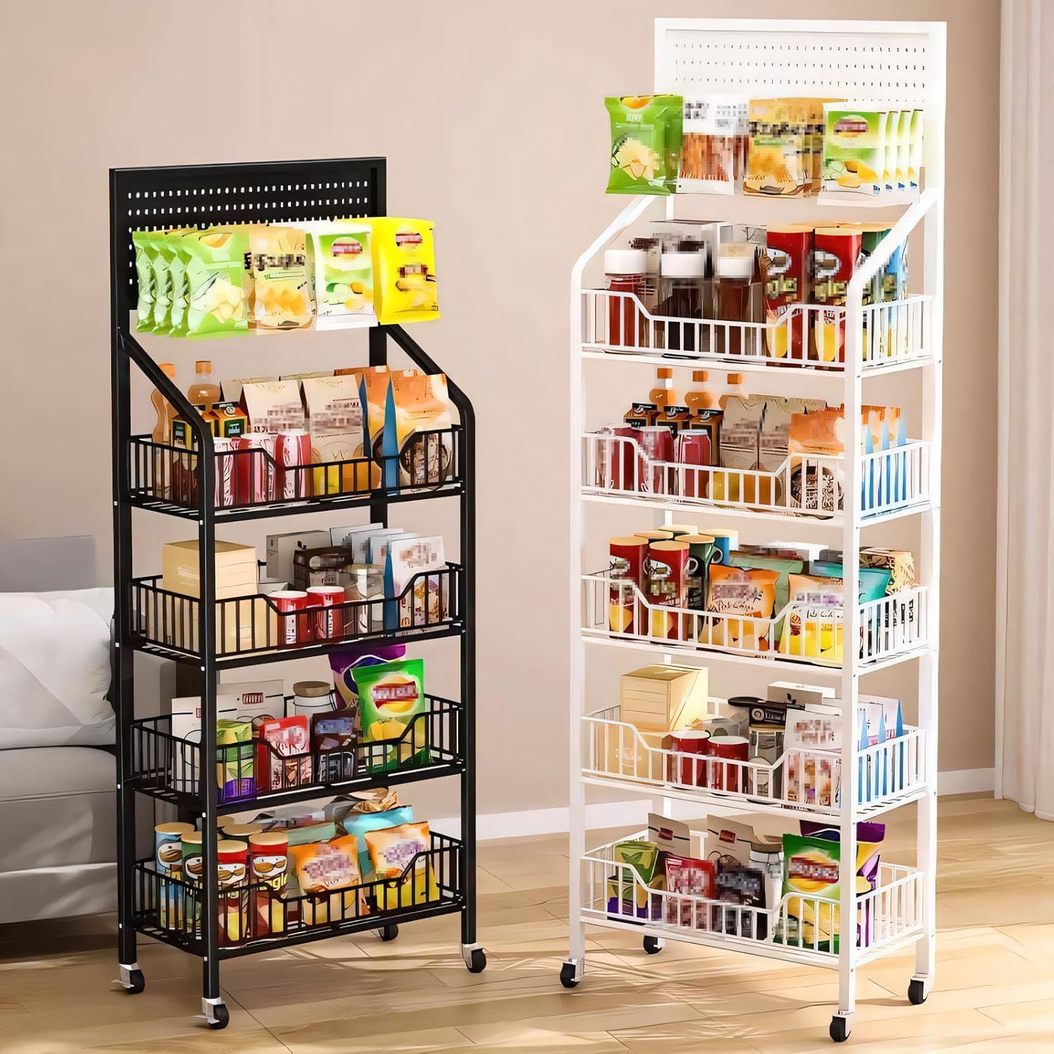 5-Tier Retail Display Rack, Metal Snack Display Stand with Wheels and Hooks, Multi-Functional Shelf, Easy to Assemble, Suitable Storage Rack for Home, Supermarket, Drugstore (Black, 5-Tier)
