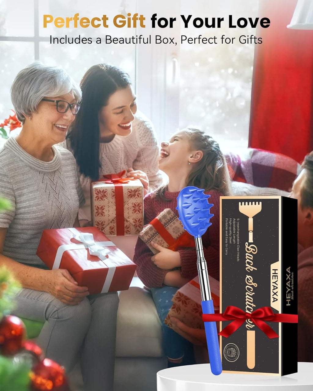 Upgraded Reinforced Telescoping Back Scratcher with 5 Detachable Heads, Larger Scratching Tips, Stocking Stuffer & White Elephant Gifts for for Men Women Adults