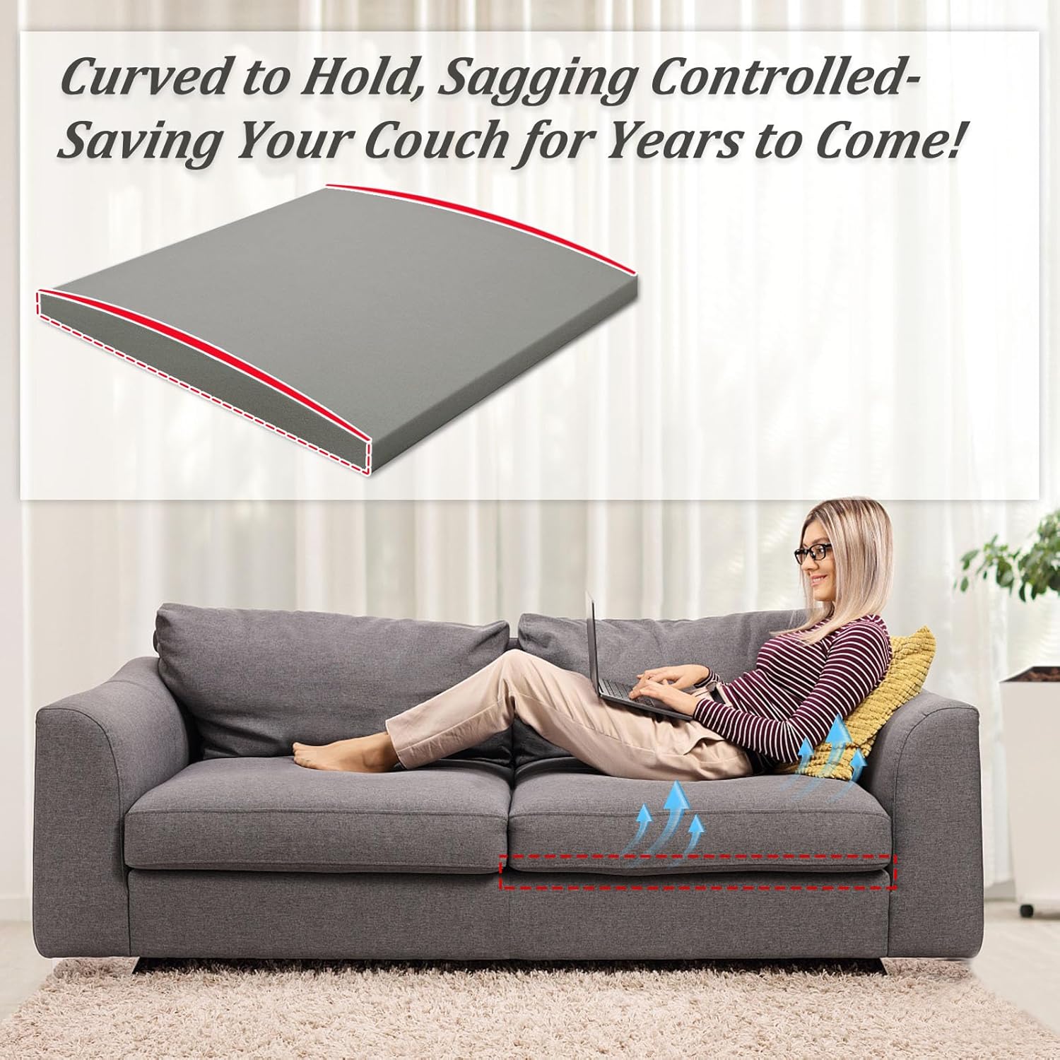 HAVARGO Couch Cushion Support for Sagging Seat 20X20X2 Inches Couch Supports for Sagging Cushions, High Density Foam Sofa Cushion Support with Anti Slip Mesh Fabric Light Grey Set of 3