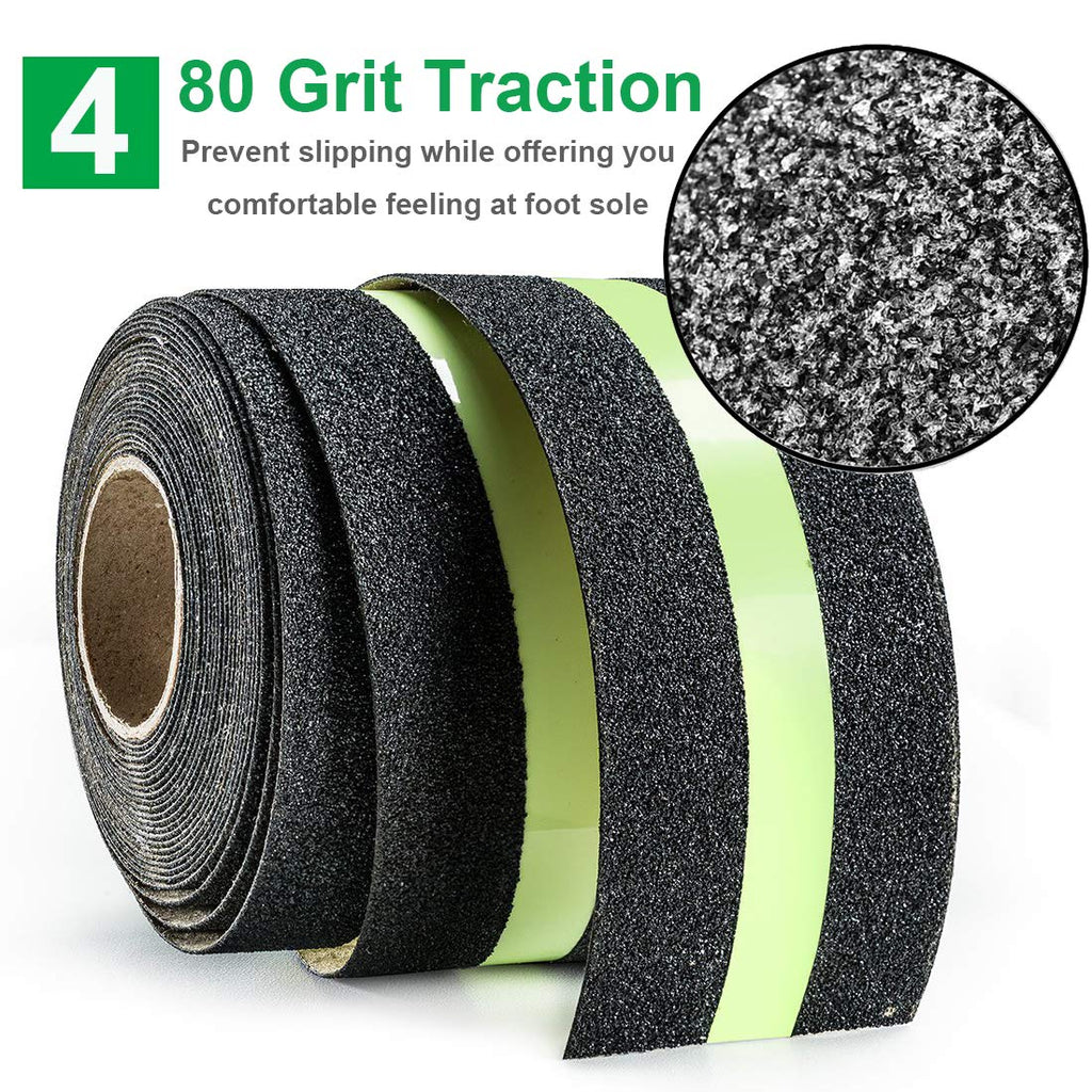 RELIANCER Anti Slip Safety Grip Tape 2inx30ft Green Glowing in The Dark Non Skid Stage Safety Tape High Traction Grit Stairs Tape Hazard Caution Warning Tape for Steps (2"×30', Green&Black)
