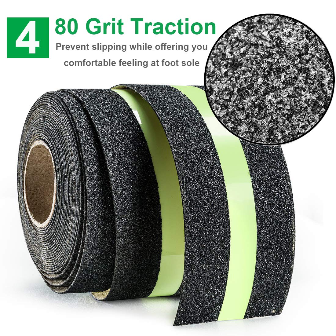 RELIANCER Anti Slip Safety Grip Tape 2inx30ft Green Glowing in The Dark Non Skid Stage Safety Tape High Traction Grit Stairs Tape Hazard Caution Warning Tape for Steps (2"×30', Green&Black)