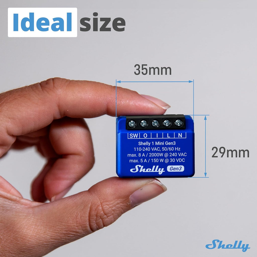 Shelly 1 Mini Gen3 | WiFi Smart Switch Relay 1 Channel 8A | Home Automation | Bluetooth Gateway | Compatible with Alexa & Google Home | iOS Android App | No Hub Required | Dry Contacts (2 Pack)