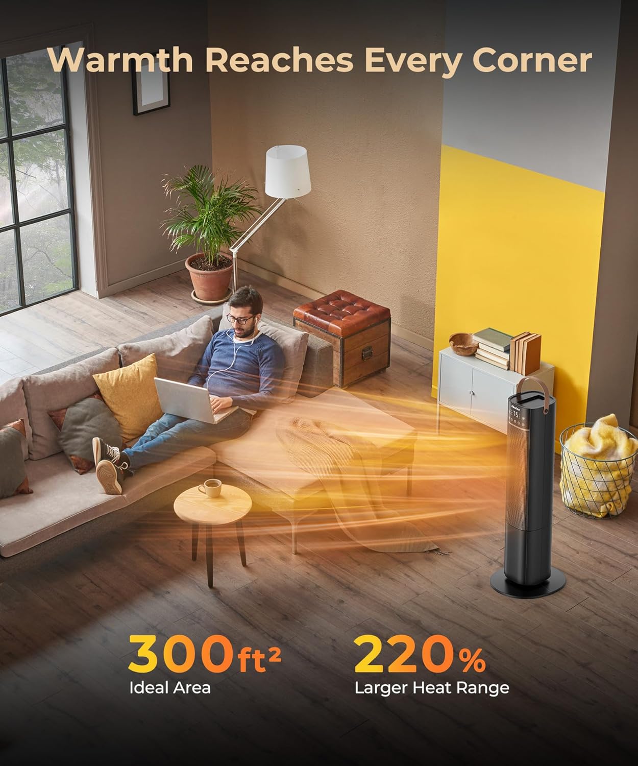 Space Heaters Indoor Use, 26" 12ft/s Electric Heater with Remote, 1500W Electric Heaters with 75°Oscillation, 1-12H Timer, PTC Electric Heater for Large Room, Bedroom Home Office1