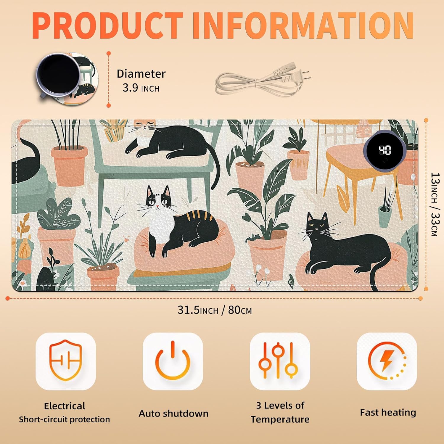 Heated Mouse Pad, Warm Desk Pad, Keyboard Mat 31.5 x 13 Inch Large Size Intelligent Fast Heating, 3 Speed Adjustable, Timed Auto Power Off for Game Office Home,Cartoon Cat Bed