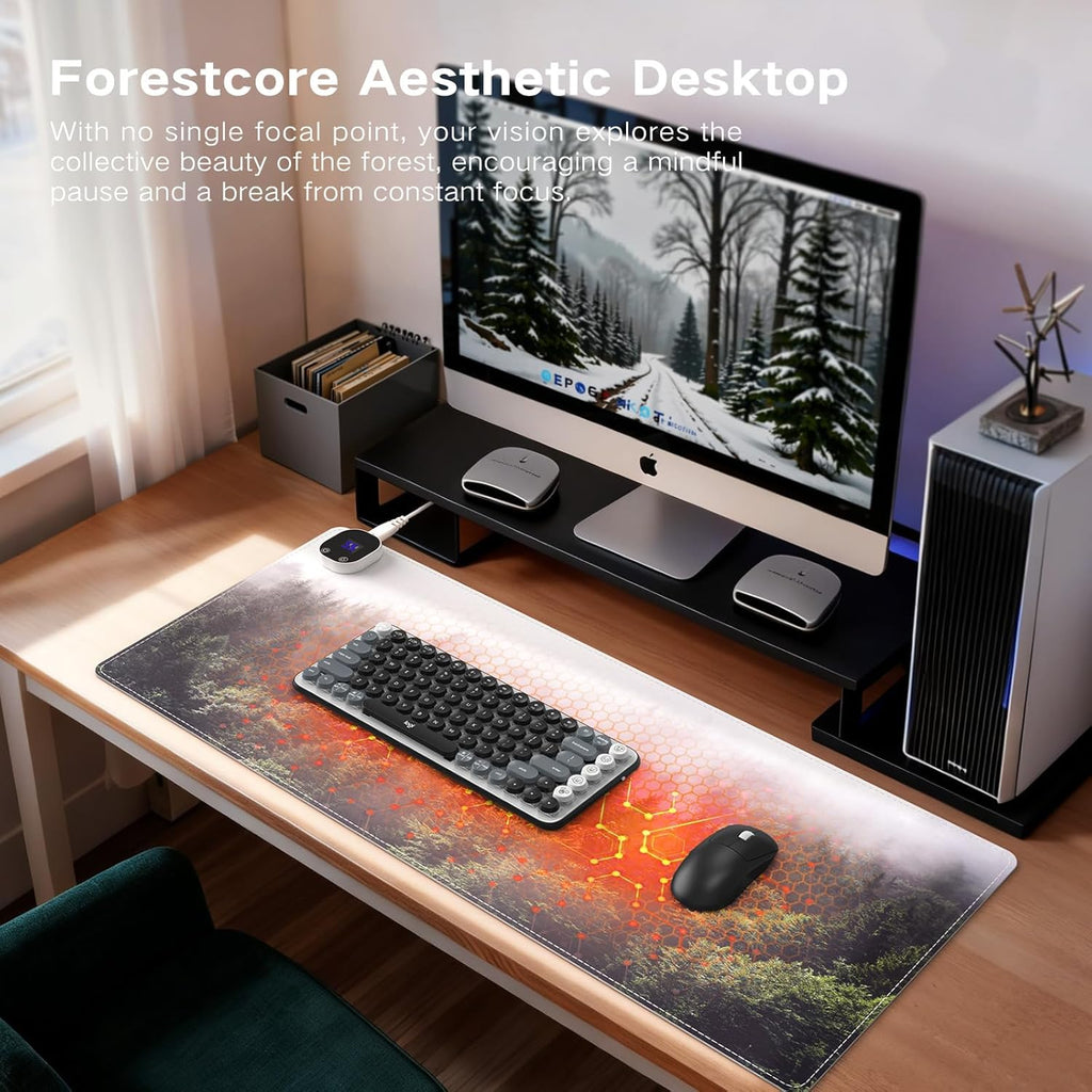 iCasso Heated Mouse Pad, XL Big Desk Pad with 4 Heating Levels & 4 Auto Shut-Off Levels for Computer Keyboard, 31.5" x 13" Large Safe Desk Mat Hand Warmer for Home Office Work (Forest)