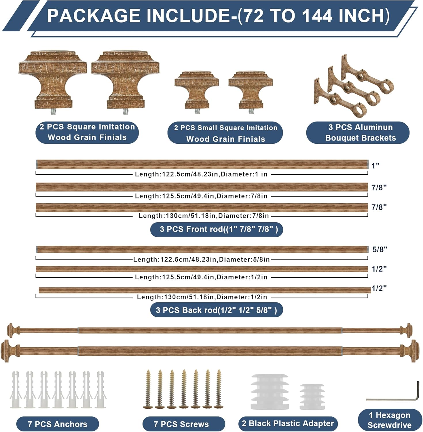 Double Wood Curtain Rods for Windows 72 to 144 Inches,1 Inch Decorative Wooden Curtain Rod with Square Imitation Wood Grain Finials and Double Aluminum Bouquet Bracket, Coffee Brown Wood Grain