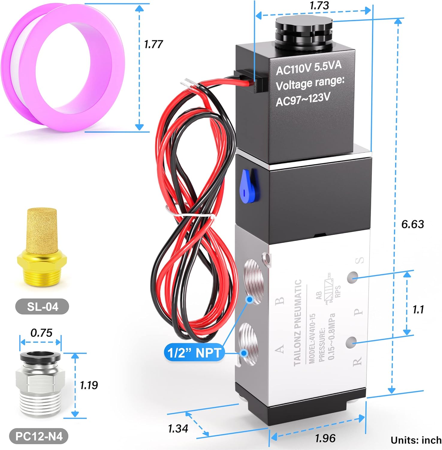 TAILONZ PNEUMATIC 1/2"NPT Solenoid Valve 4V410-15 12V/24V/110V/220V Single Coil Pilot-Operated Electric 2 Position 5 Way Connection Type
