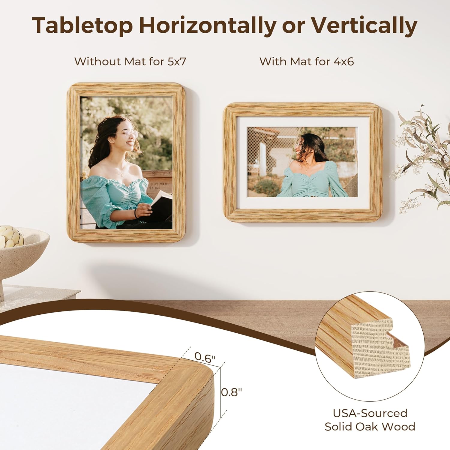 5x7 Picture Frame Set of 3, 5 by 7 Photo Frames for Wall & Tabletop Display, Solid Oak Wood Frames with Plexiglass, 5x7 Frame Matted to 4x6, Light Wood 5 x 7 Gallery Wall Frame Set, Natural Oak Color