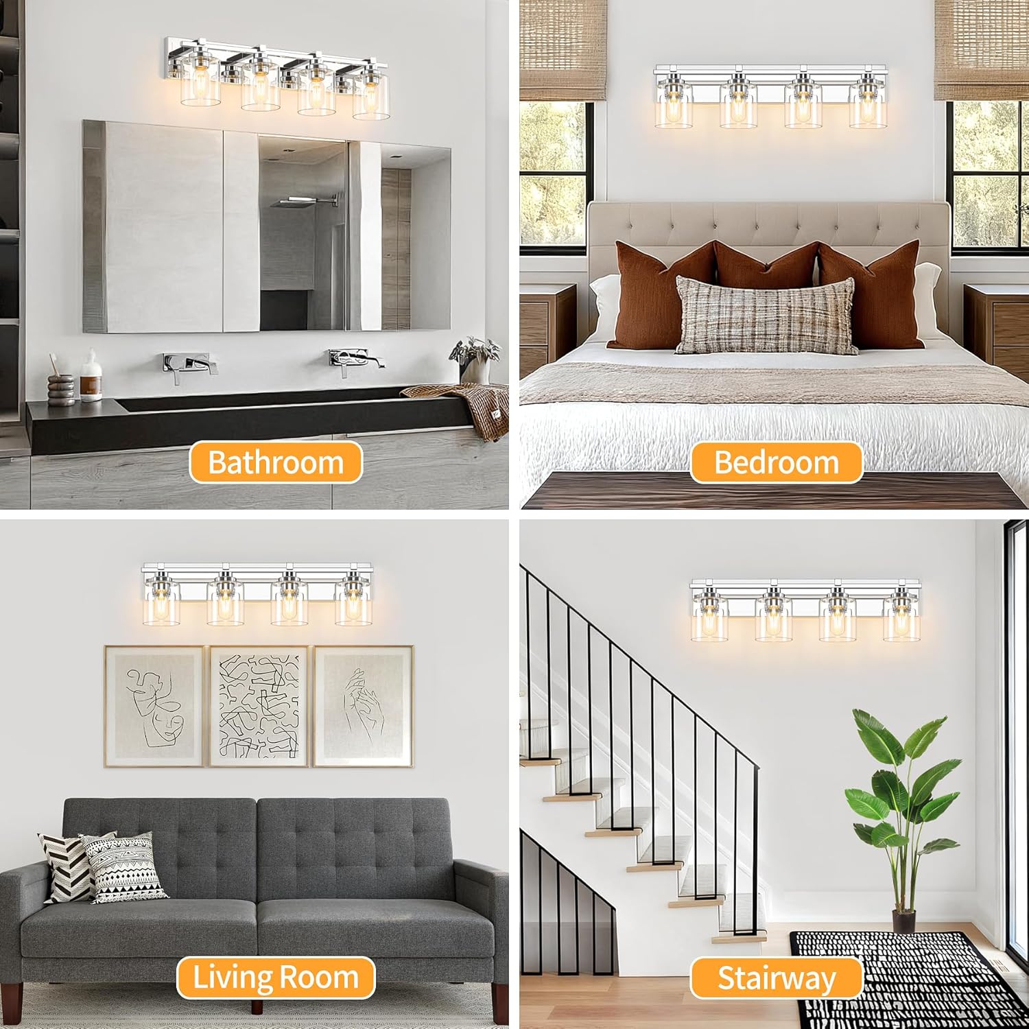 4 Light Modern Bathroom Light Fixtures Over Mirror, Chrome Vanity Lights for Bathroom Wall Sconces with Clear Glass Shades, E26 Socket (Bulbs Not Included)