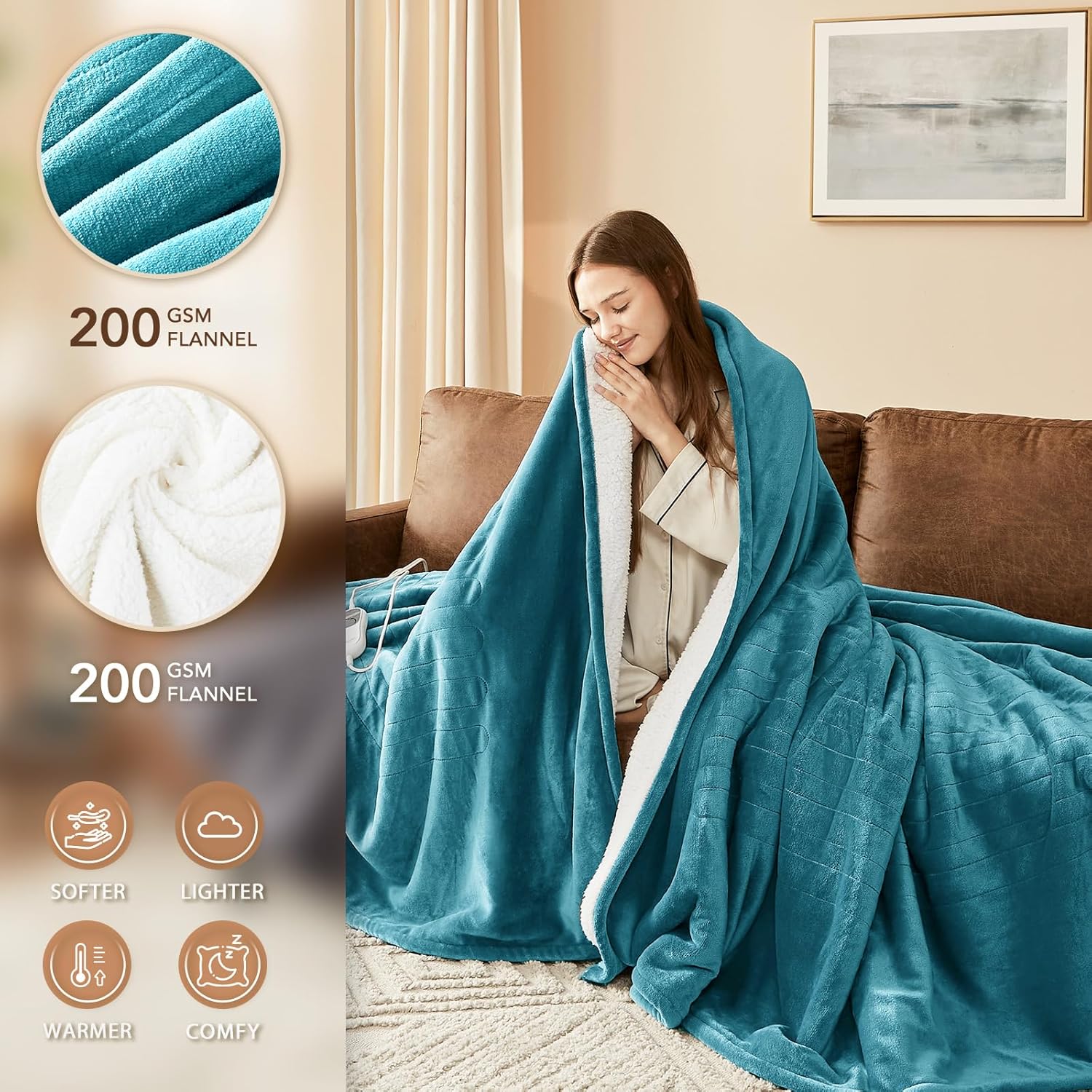 Homemate Electric Heated Blanket Twin - 62"x84" Heating Bed Blankets Throw with 10 Heating Levels 8 Hours Auto Off Fast Heating Over-Heated Protection Ultra Soft Warm Flannel ETL Certified