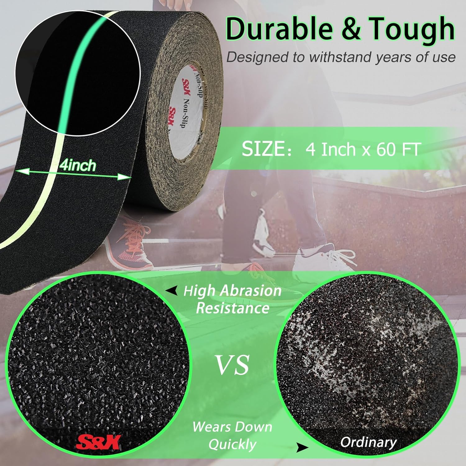 S&X Anti Slip Tape 4 Inch x 60 Ft, 2X Longer Heavy Duty Grip Tape with Glow-in-Dark Strip, Outdoor Stair Treads Non-Slip for Steps Ramps Decks, Non Skid for Enhanced Safety