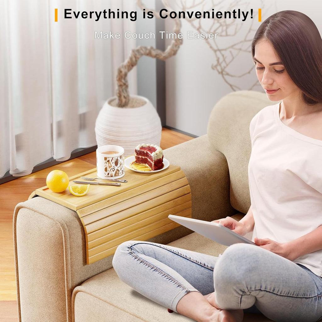 Bamboo Sofa Armrest Tray Table for Couch - 2-in-1 Couch Arm Table with Be Slide Detachable Tray- Anti-Slip Foldable Sofa Armchair Caddy for Drinks Cellphone TV Remote Snacks (Bamboo)