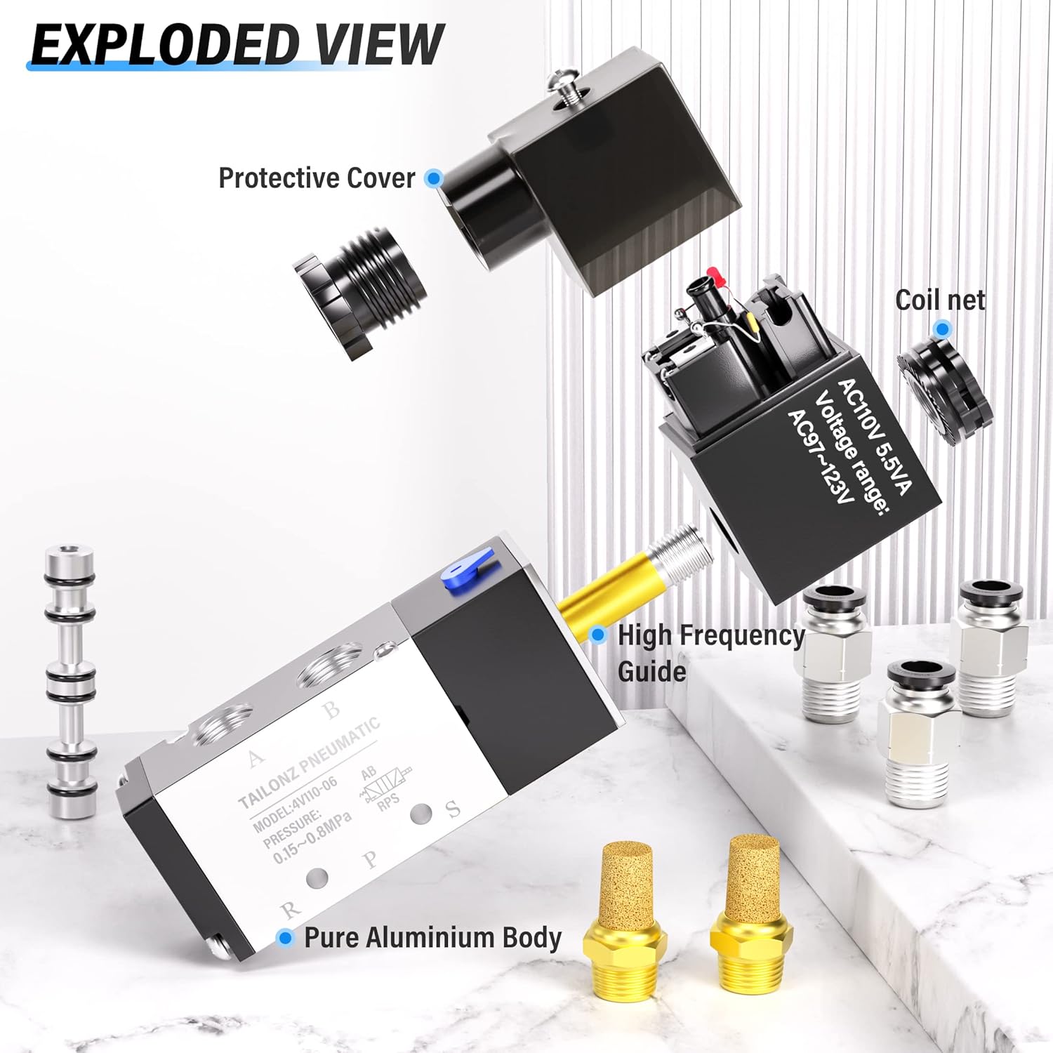 TAILONZ PNEUMATIC 1/8"NPT Solenoid Valve 4V110-06 AC110V Single Coil Pilot-Operated Electric 2 Position 5 Way Connection Type Junction Box