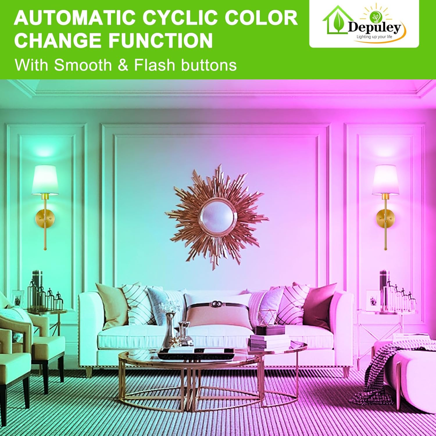 Depuley Battery Operated Wall Sconce: Set of 2 19.99" Wireless Wall Lights with Remote for Bedroom - Rechargeable 15 Colors Gold Wall Lamp for Living Room Hallway Decor
