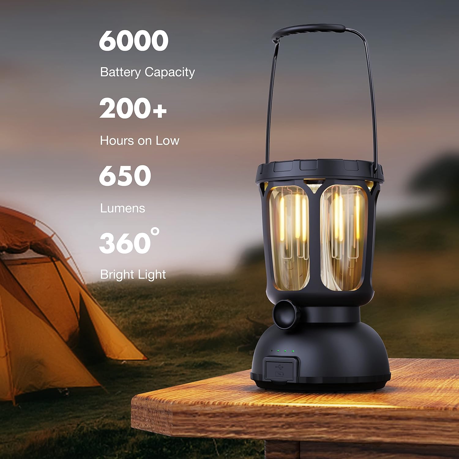 Raynic 6000 LED Camping Lantern Rechargeable, 650LM Hand Crank Solar Camping Light, Portable Battery Powered Lantern for Emergency, Power Outage, Hurricane, Outdoors