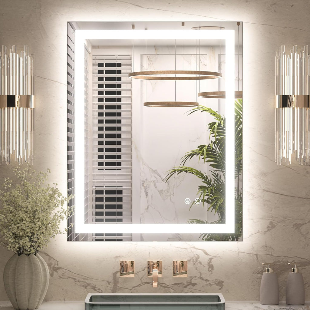Keonjinn 24 x 30 Inch Bathroom Mirror with Lights, LED Vanity Mirror with Frontlit & Backlit, Stepless Dimmable 3-Color Temperature, Lighted Mirror with Anti-Fog, Tempered Glass(Horizontal/Vertical)