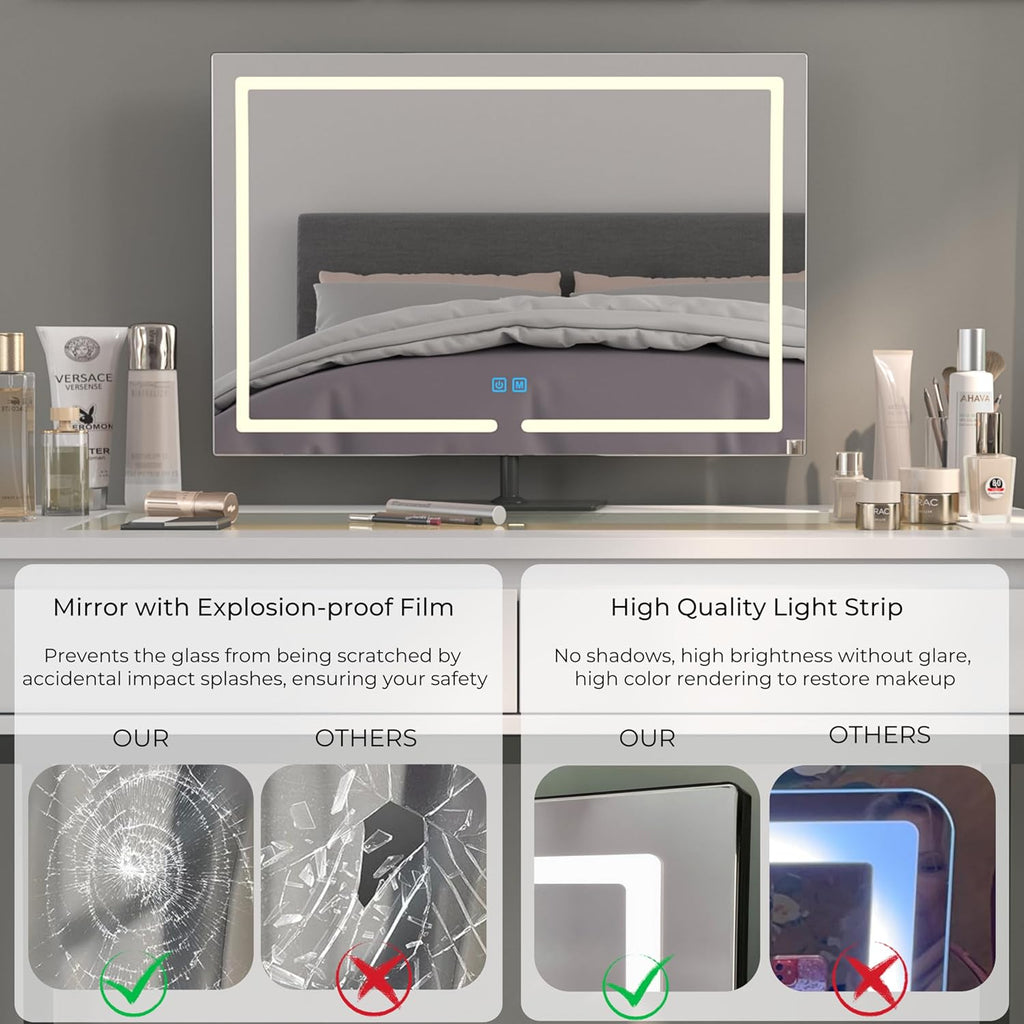 Vanity Mirror with Lights, 23.27 x 17.7 Inch LED Makeup Mirror, Lighted Makeup Mirror with Dimmable 3 Modes, Smart Touch Control, Aluminum Frame and Tempered Glass Base, Dark Gray