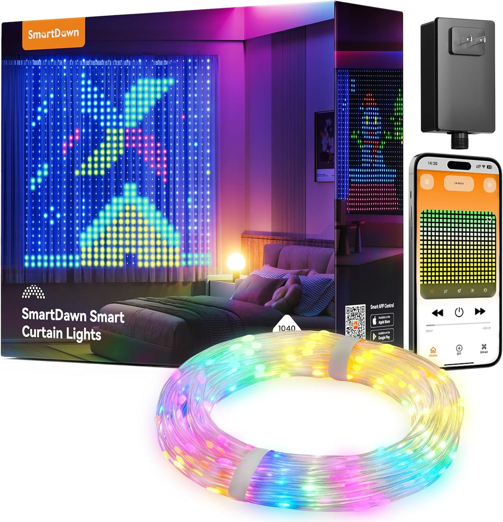 1040 RGBIC LEDs Smart Curtain Lights with DIY GIF, 9.8x6.6ft Color Changing Christmas Wall Lights with APP, IP65 Waterproof String Fairy Lights for Indoor Outdoor Bedroom Window Garage