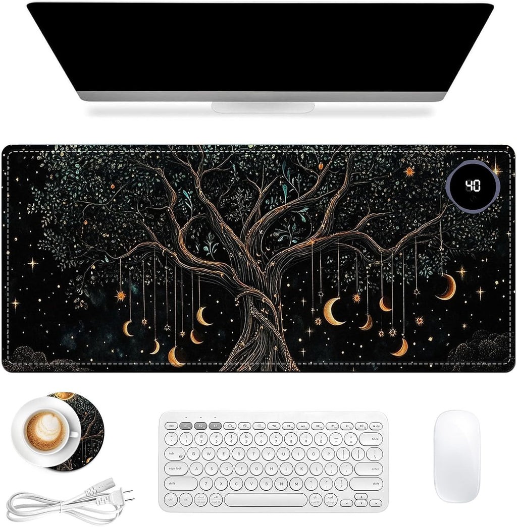 Heated Mouse Pad 31.5x13 in 3-Temp Fast Heating Desk Mat with Auto Timer Warmer for Hands Wrist Pain Relief Waterproof Keyboard Mat for Office, Gaming, Home, Moonlit Tree Art