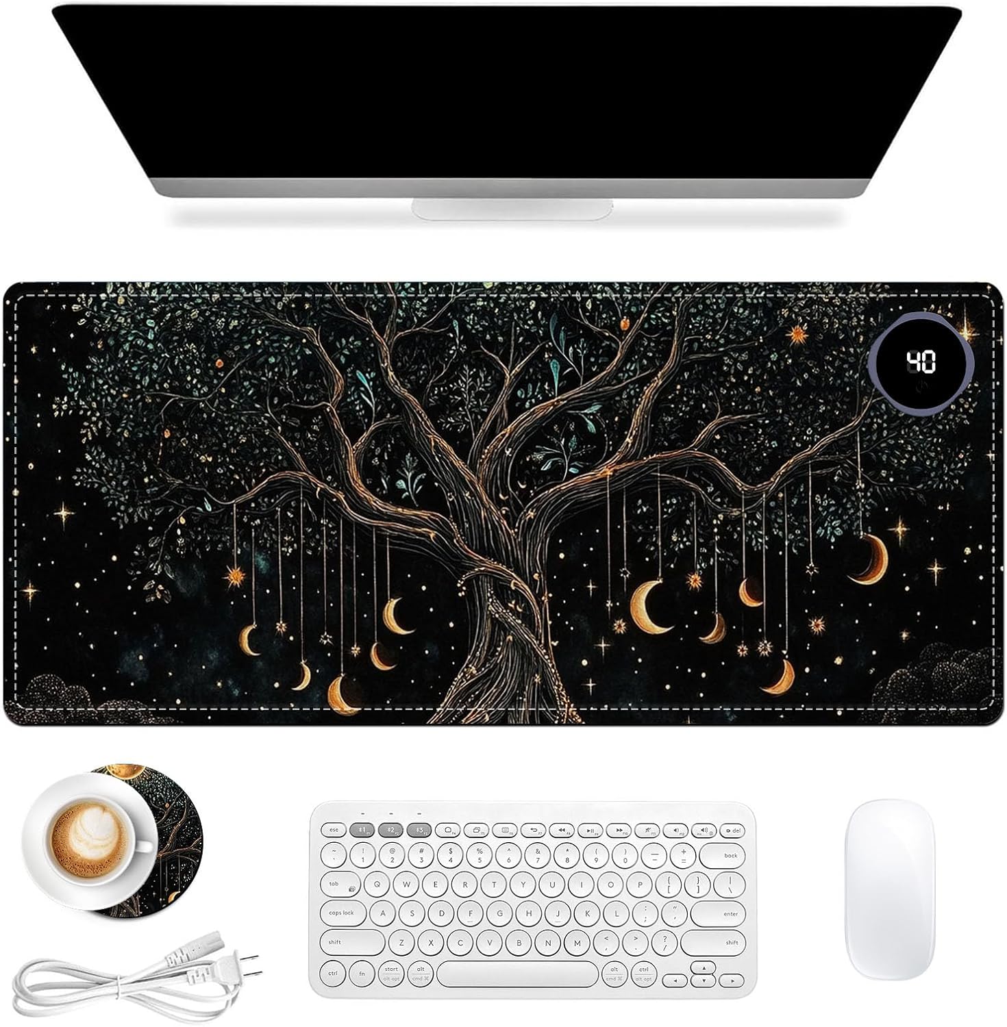Heated Mouse Pad 31.5x13 in 3-Temp Fast Heating Desk Mat with Auto Timer Warmer for Hands Wrist Pain Relief Waterproof Keyboard Mat for Office, Gaming, Home, Moonlit Tree Art