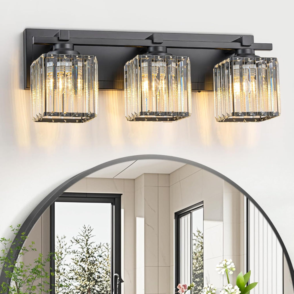 Crystal Bathroom Light Fixtures, 3 Light Black Vanity Lighting Over Mirror with Crystal Shades, Modern Bathroom Vanity Light for Restroom, Bath, Cabinet and Powder Room