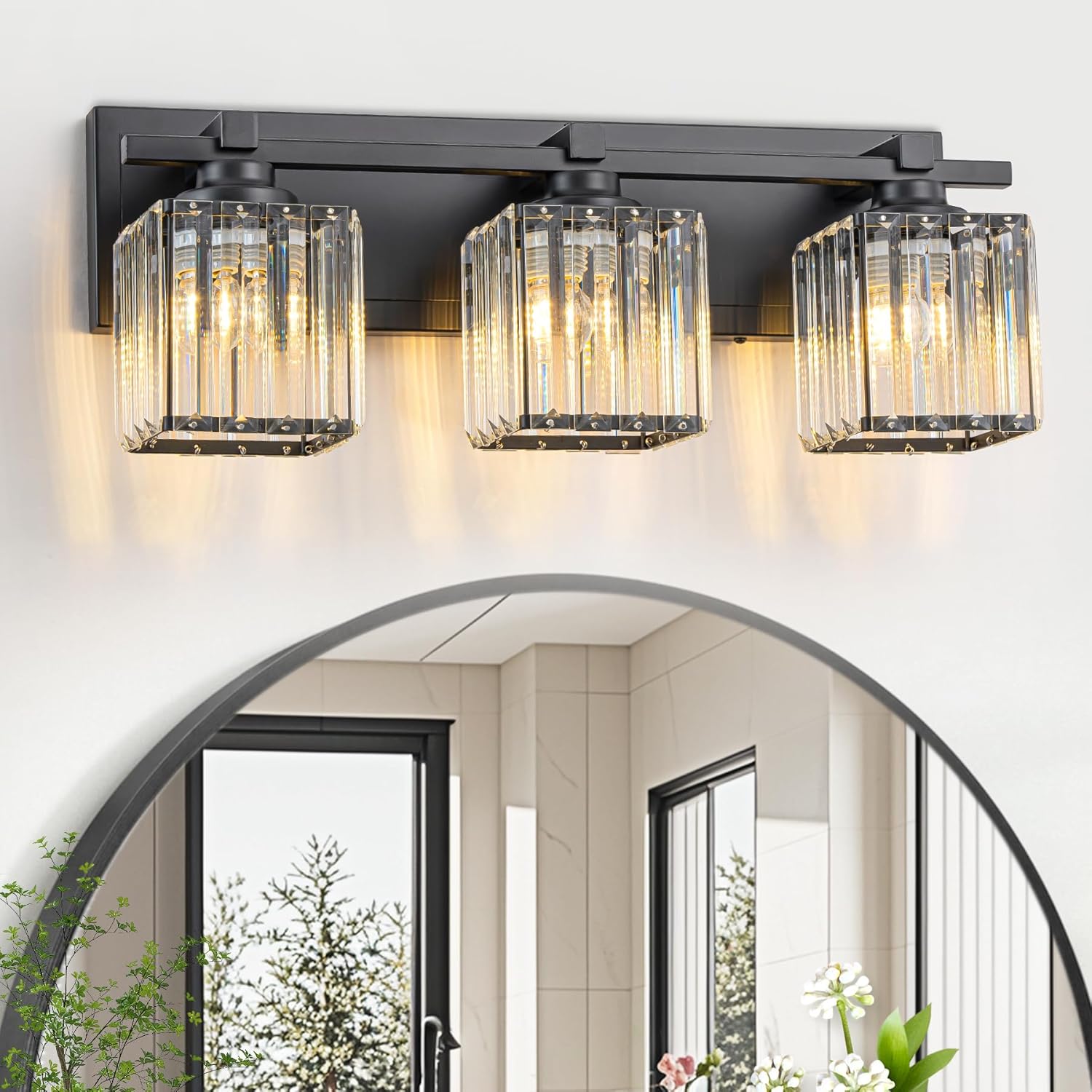 Crystal Bathroom Light Fixtures, 3 Light Black Vanity Lighting Over Mirror with Crystal Shades, Modern Bathroom Vanity Light for Restroom, Bath, Cabinet and Powder Room