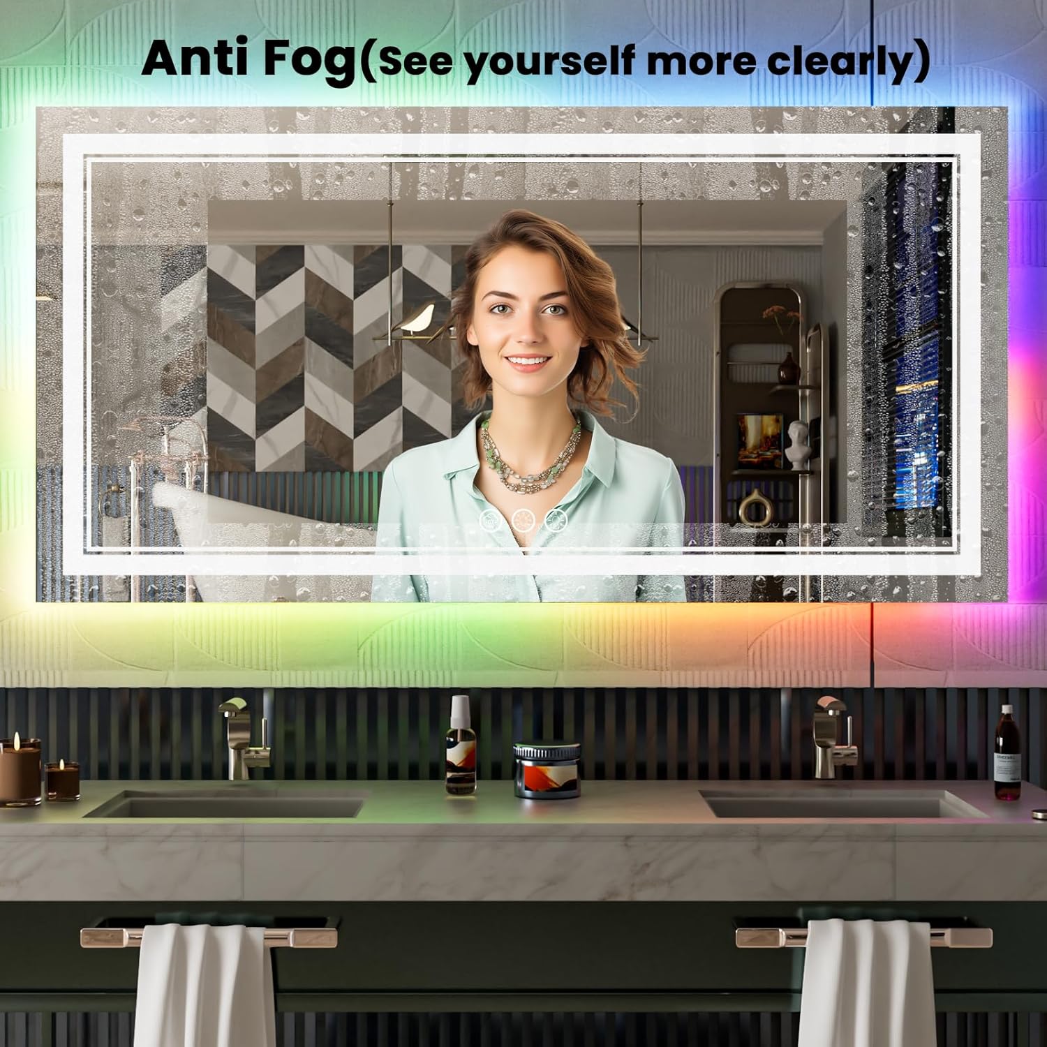 84x32 Inch LED Bathroom Mirror with Lights, Color Changing RGB Backlit Mirror,Large Lighted Vanity Mirrors for Bathroom Wall, Dimmable, Anti-Fog (RGB Backlit+Front-Lit)