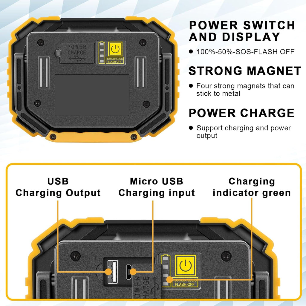 Sunzone LED Work Light, Rechargeable Magnetic Flood Lights with Stand, Waterproof Portable Job Site Lighting for Camping, Fishing, Hiking, Car Inspection with Emergency Mode (2 Pack)