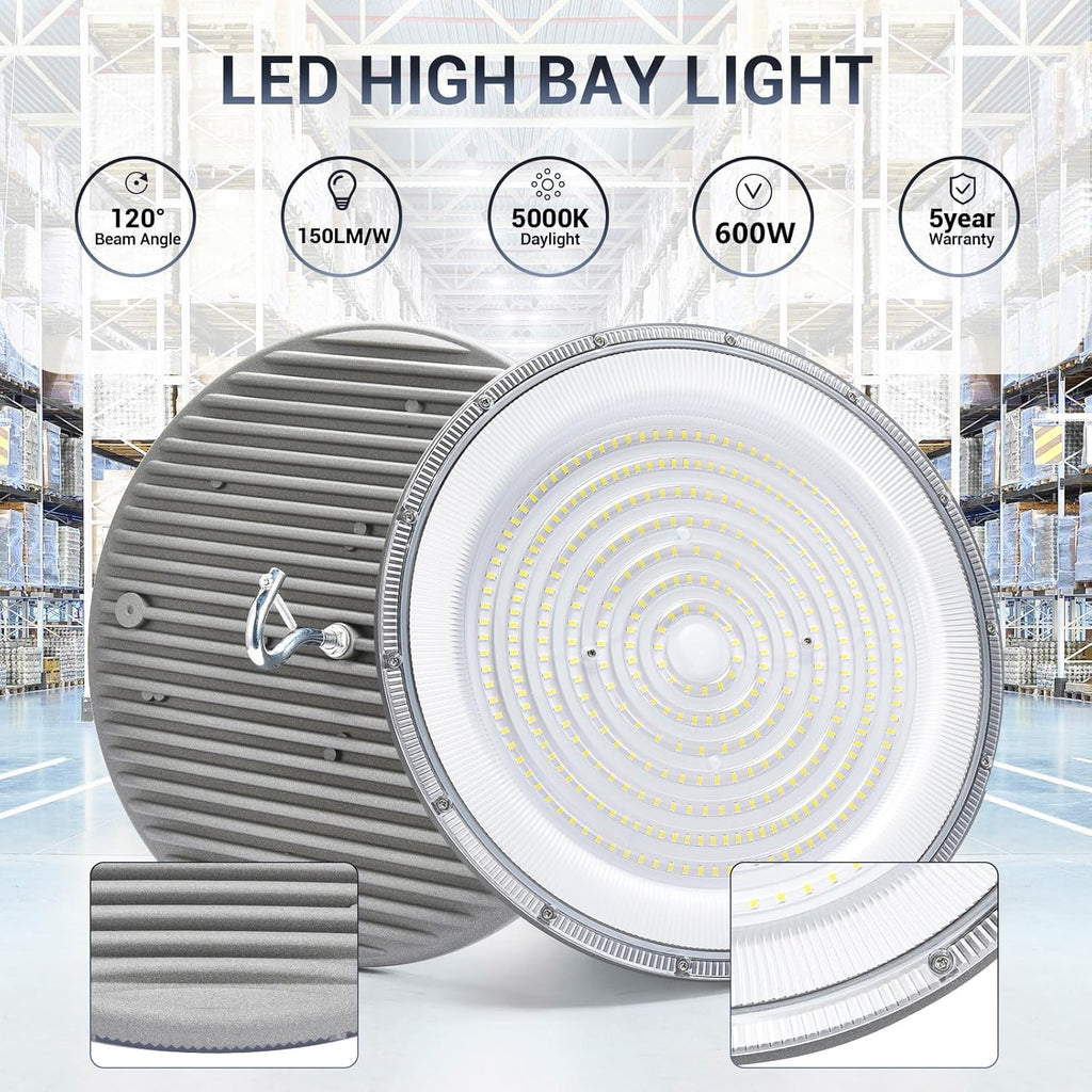 2 Pack 600W UFO Led High Bay Light,120VAC,5000K Daylight Commercial Bay Lighting,IP66 Waterproof,85050LM,2550W MH/HPS with Plug Area Lighting for Warehouse/Shop/Workshop/Barn/Gym/Factory