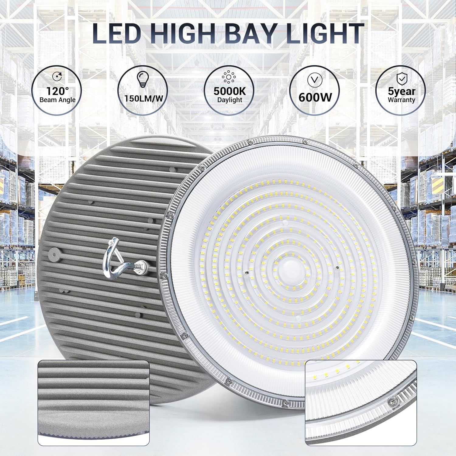 2 Pack 600W UFO Led High Bay Light,120VAC,5000K Daylight Commercial Bay Lighting,IP66 Waterproof,85050LM,2550W MH/HPS with Plug Area Lighting for Warehouse/Shop/Workshop/Barn/Gym/Factory